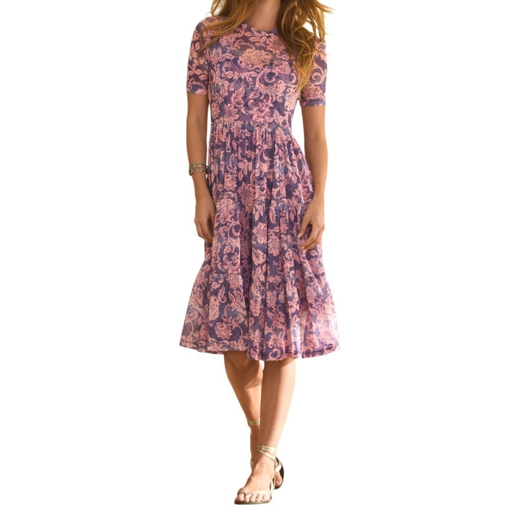 JOHNNY WAS Floral Midi‎ Dress Purple Florentina Sz M & L Mesh Tiered A Line Boho